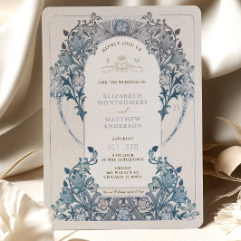 Invitación Con Relieve Metalizado Boda Vintage Azul Plateado William Morris