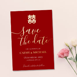 Invitación Con Relieve Metalizado Boda vintage china de rojo y dorado, save the date