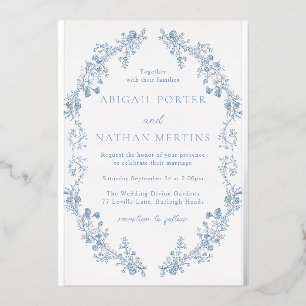 Invitación Con Relieve Metalizado Boda Vintage Elegante Azul y Plata