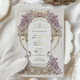 Invitación Con Relieve Metalizado Boda Vintage Morado Dorado William Morris