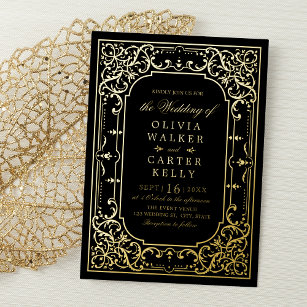 Invitación Con Relieve Metalizado Boda vintage romántica y elegante de Black Gold