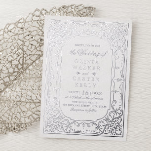 Invitación Con Relieve Metalizado Boda vintage romántica y elegante plateada