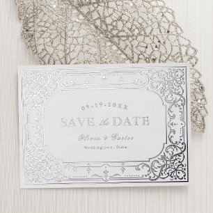 Invitación Con Relieve Metalizado Boda vintage romántica y elegante plateada