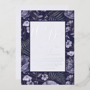 Invitación Con Relieve Metalizado Bodas Boho Flores Silvestres Púrpura y Plata Scrip