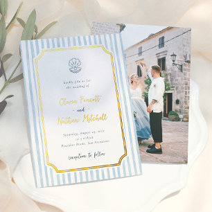 Invitación Con Relieve Metalizado Bodas con Láminas de Fantasía Retro Rayas Azules