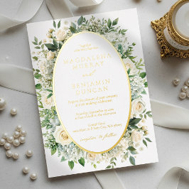 Invitación Con Relieve Metalizado Bodas con marco floral de Hortensias y Rosas Blanc