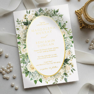 Invitación Con Relieve Metalizado Bodas con marco floral de Hortensias y Rosas Blanc