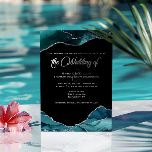 Invitación Con Relieve Metalizado Bodas de Agata Azul Teal Plateado Falso Brillo