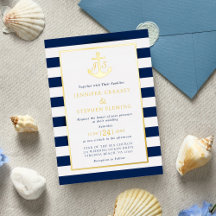 Bodas de Ancla de Rayas Náuticas de Oro y Azul Mar
