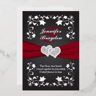 Invitación Con Relieve Metalizado Bodas de Corazones Unidos Floral de Plata, Rojo y 