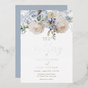 Invitación Con Relieve Metalizado Bodas de flores azules polvorientas y rosas blanca