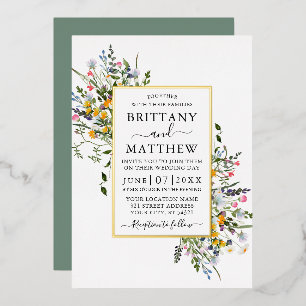 Invitación Con Relieve Metalizado Bodas de flores silvestres acuarela verde salvia d