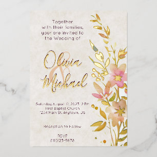 Invitación Con Relieve Metalizado Bodas de flores silvestres naturales