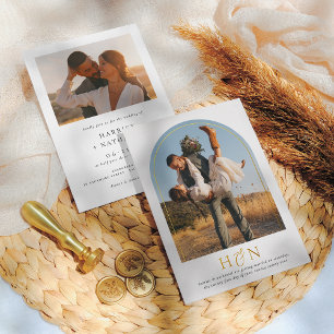 Invitación Con Relieve Metalizado Bodas de Foto Arco Boho Iniciales Mínimas Brillant