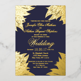 Invitación Con Relieve Metalizado Bodas de hojas de oro real azul marino