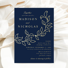 Invitación Con Relieve Metalizado Bodas de Hojas en Cascada Azul Marino y Dorado