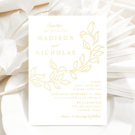 Invitación Con Relieve Metalizado Bodas de Hojas en Cascada de Oro