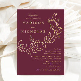 Invitación Con Relieve Metalizado Bodas de Hojas en Cascada Merlot y Oro