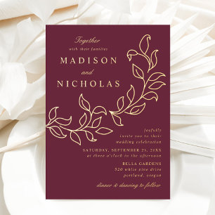Invitación Con Relieve Metalizado Bodas de Hojas en Cascada Merlot y Oro