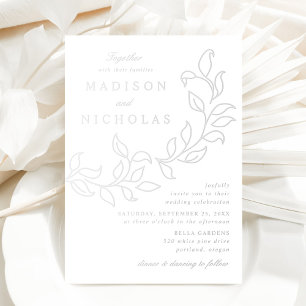 Invitación Con Relieve Metalizado Bodas de Hojas en Cascada Plateadas