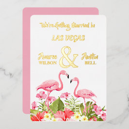 Invitación Con Relieve Metalizado Bodas de Las Vegas Flamencos Rosas con Hojas de Or