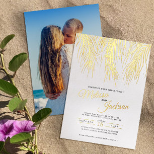 Invitación Con Relieve Metalizado Bodas de palmeras tropicales de oro