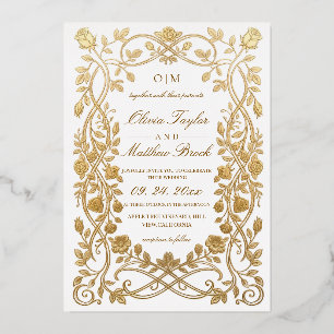 Invitación Con Relieve Metalizado Bodas de Rosas Blancas y Doradas con Hojas de Oro