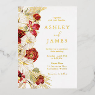 Invitación Con Relieve Metalizado Bodas de Rosas Rojas Florales de Oro Romántico