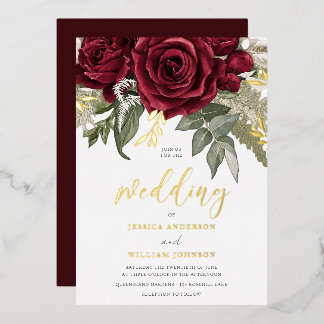 Invitación Con Relieve Metalizado Bodas divinas de rosas borgoña y oro