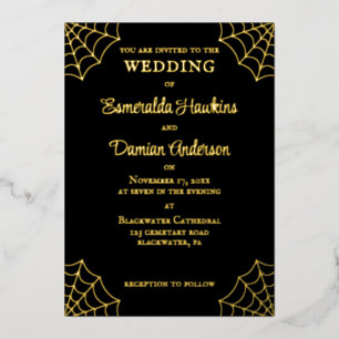 Invitación Con Relieve Metalizado Bodas Góticas de Telarañas Negras y Doradas