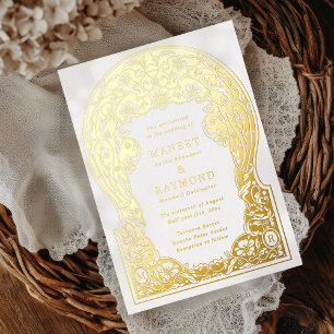 Invitación Con Relieve Metalizado Bodas Iniciales de Flores Dibujadas a Mano Art Nou