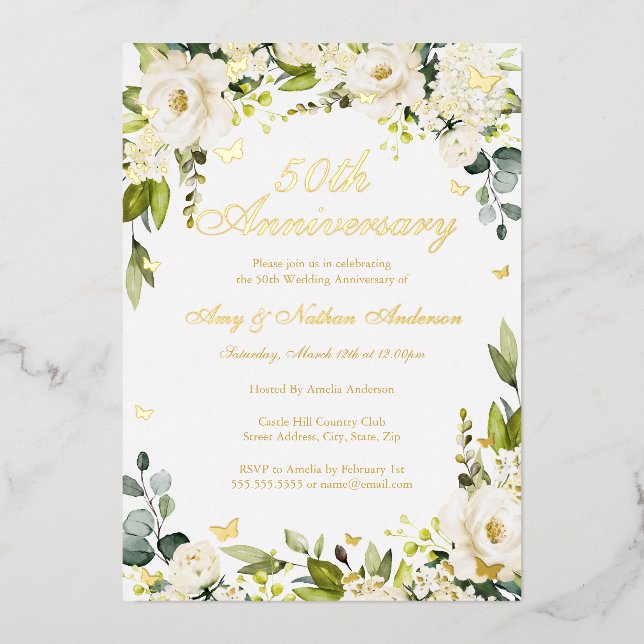 Invitación Con Relieve Metalizado Bodega de oro Champagne 50 aniversario de Boda (Anverso)