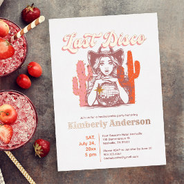 Invitación Con Relieve Metalizado Bodega Rosa Retro Última Discoteca Bachelorette