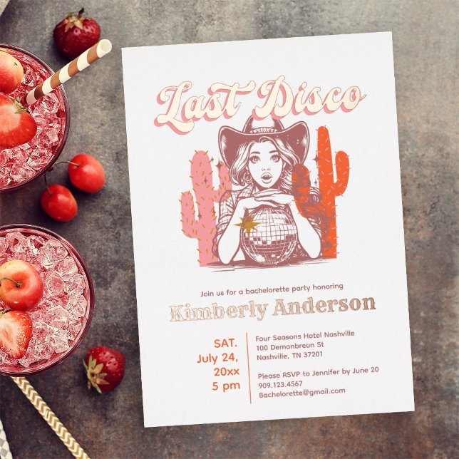 Invitación Con Relieve Metalizado Bodega Rosa Retro Última Discoteca Bachelorette (Subido por el creador)