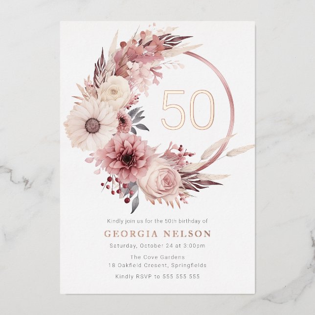 Invitación Con Relieve Metalizado Bohemia Floral Wreath 50 cumpleaños Rosa de oro (Anverso)