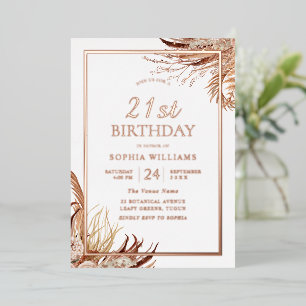 Invitación Con Relieve Metalizado Bohemian Boho 21st Birthday Fiesta Rosa Gold