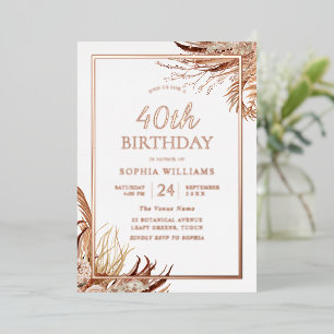 Invitación Con Relieve Metalizado Bohemian Boho Fiesta de cumpleaños 40 Rose Gold