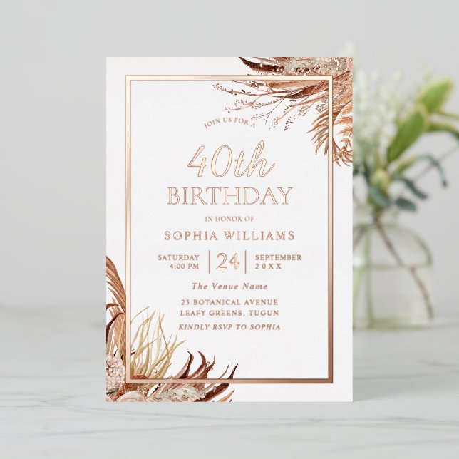 Invitación Con Relieve Metalizado Bohemian Boho Fiesta de cumpleaños 40 Rose Gold (Anverso de pie)