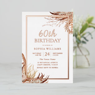 Invitación Con Relieve Metalizado Bohemio Boho Fiesta de Cumpleaños 60 Rosa Dorado