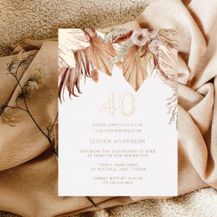 Invitación Con Relieve Metalizado Bohemio Boho Floral Cumpleaños 40 Rose Gold