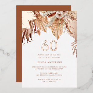 Invitación Con Relieve Metalizado Bohemio Boho Floral Cumpleaños 60 Fiesta Rosa Dora
