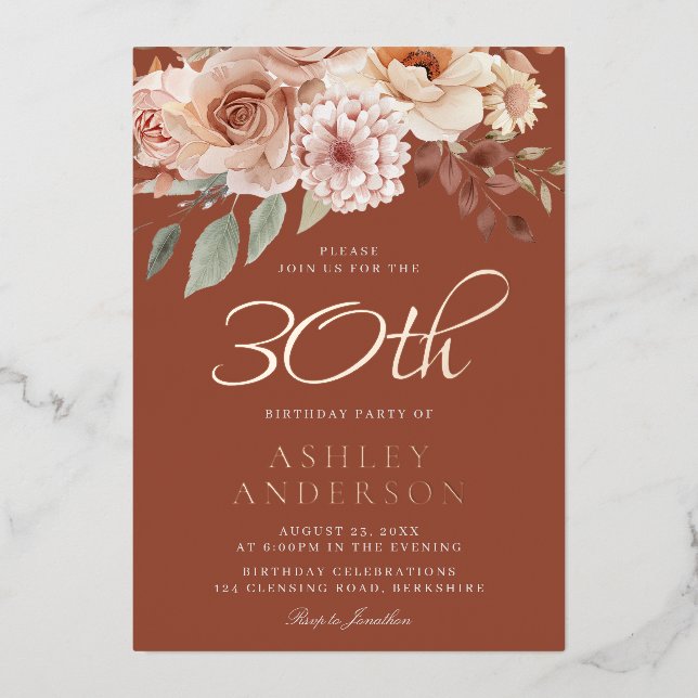 Invitación Con Relieve Metalizado Boho 30.ª Celebración del Cumpleaños Real Oro Rosa (Anverso)