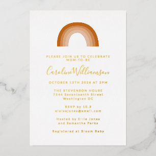 Invitación Con Relieve Metalizado Boho 70s Arcoíris Terracota Baby Shower Dorado