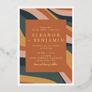 Invitación Con Relieve Metalizado Boho Abstract Líneas Onduladas Terracota Boda Oro