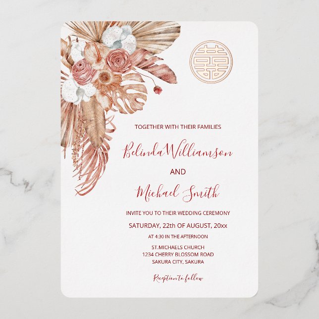 Invitación Con Relieve Metalizado Boho acuarela Boda chino (Anverso)