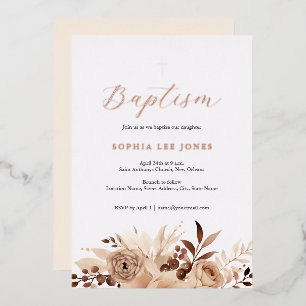 Invitación Con Relieve Metalizado Boho Acuarela Floral Beige de Hoja de Estaño Bauti