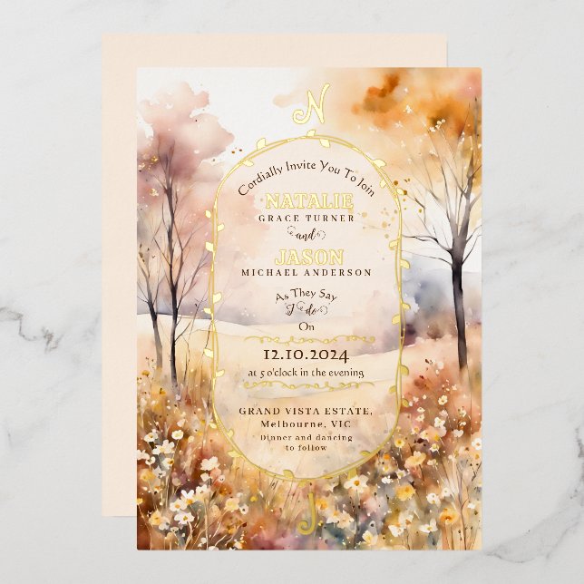 Invitación Con Relieve Metalizado Boho acuarela Naturaleza otoñal Monograma Boda (Anverso/Reverso)
