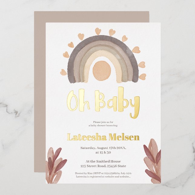 Invitación Con Relieve Metalizado Boho arcoiris sunshine acuarela ducha bebé (Anverso/Reverso)