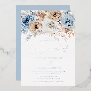 Invitación Con Relieve Metalizado Boho Azul Floral Fiesta de Compromiso Plata
