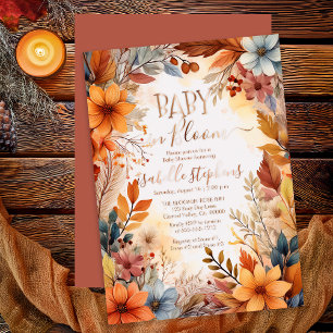 Invitación Con Relieve Metalizado Boho Baby en Floración Marco Floral de Otoño Baby
